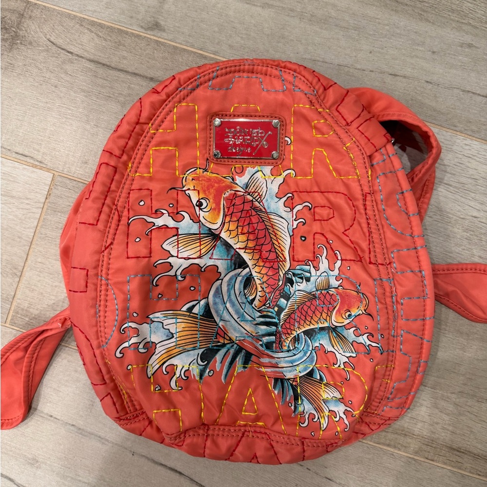 Vintage Y2K Don-Ed Hardy Coral Backpack with Koi Design